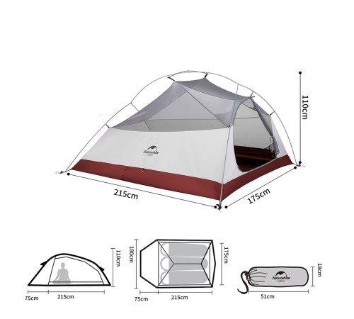 Палатка Naturehike Cloud Up NH18T030-T 20D трехместная сверхлегкая с ковриком, светло-серый, 6927595730614