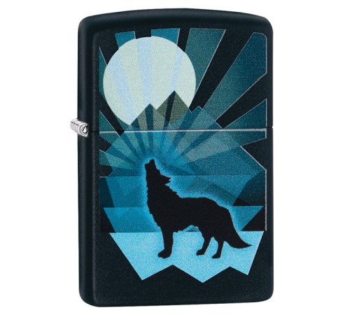 Зажигалка ZIPPO Wolf and Moon с покрытием Black Matte, латунь/сталь, чёрная, матовая, 38x13x57 мм
