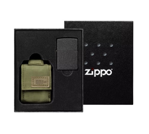 Набор ZIPPO: чёрная зажигалка Black Crackle® и зелёный нейлоновый чехол, в подарочной коробке