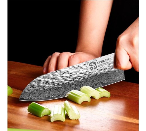 Нож сантоку из дамасской стали Keemake 7 Inch Santoku Knife, синий + бежевый
