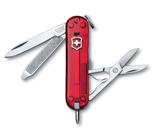 Нож-брелок VICTORINOX Signature, 58 мм, 7 функций, полупрозрачный красный
