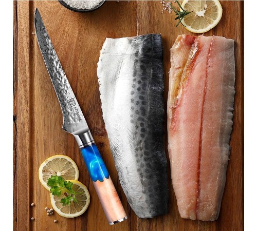 Нож обвалочный из дамасской стали Keemake 6 Inch Boning Knife Blue Sky, синий + бежевый