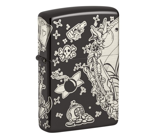 Зажигалка ZIPPO Pirates Treasure с покрытием High Polish Black, латунь/сталь, черная, 38x13x57 мм