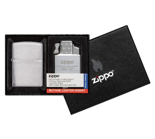 Набор ZIPPO: зажигалка 200 с покрытием Brushed Chrome и газовый вставной блок с двойным пламенем