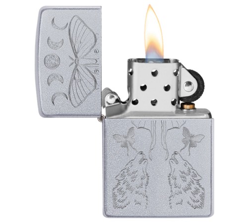 Зажигалка ZIPPO Butterfly and Wolf с покрытием Satin Chrome, латунь/сталь, серебристая, 38x13x57 мм