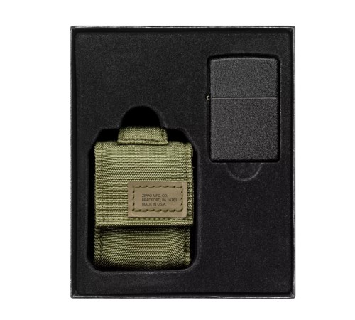 Набор ZIPPO: чёрная зажигалка Black Crackle® и зелёный нейлоновый чехол, в подарочной коробке