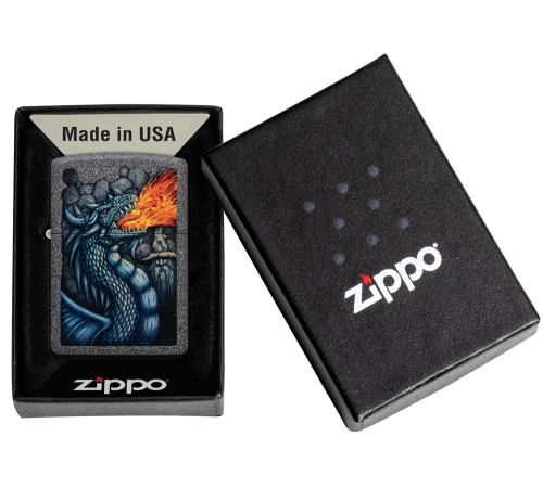 Зажигалка ZIPPO Fiery Dragon с покрытием Iron Stone, латунь/сталь, серая, матовая, 38x13x57 мм