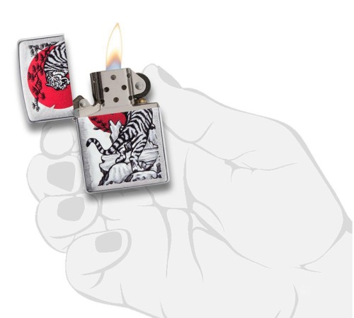 Зажигалка ZIPPO Asian Tiger с покрытием Brushed Chrome, латунь/сталь, серебристая, 38x13x57 мм