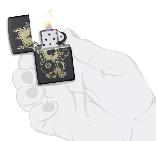 Зажигалка ZIPPO Gambling Design с покрытием Black Matte, латунь/сталь, чёрная, матовая, 38x13x57 мм