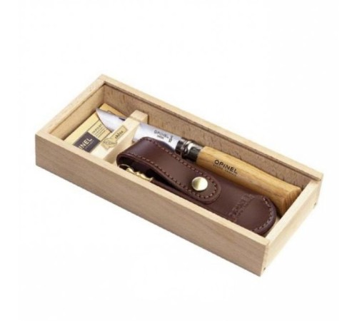 Нож Opinel №8, нержавеющая сталь, рукоять оливковое дерево, деревянный футляр, чехол, 001004