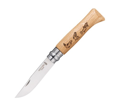Нож Opinel №8 Animalia, нержавеющая сталь, рукоять дуб, гравировка форель, 001625