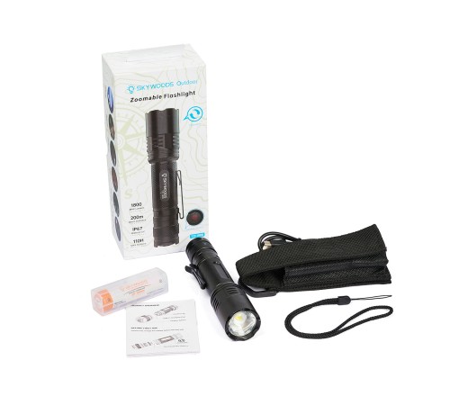 Ручной фонарь SKYWOODS TACTIC, 1800 люмен, USB-Type C, холодный свет, IP67