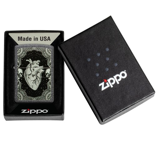 Зажигалка ZIPPO Heart Design с покрытием Iron Stone, латунь/сталь, серая, 38x13x57 мм