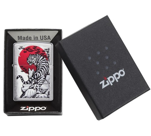Зажигалка ZIPPO Asian Tiger с покрытием Brushed Chrome, латунь/сталь, серебристая, 38x13x57 мм