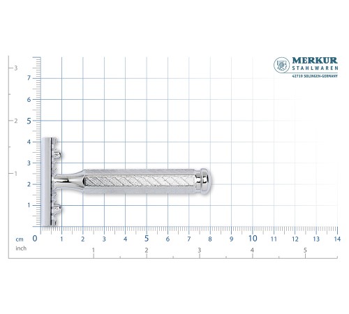 Cтанок Т-образный для бритья MERKUR 41C, глянцевое хромированное покрытие, открытый зубчатый гребень, короткая ручка, лезвие в комплекте (1 шт)