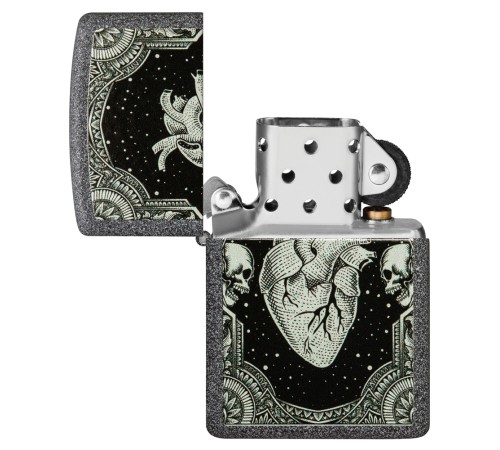 Зажигалка ZIPPO Heart Design с покрытием Iron Stone, латунь/сталь, серая, 38x13x57 мм