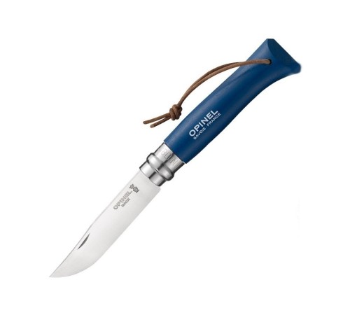 Нож Opinel №8 Trekking, нержавеющая сталь, кожаный темляк, синий, 001704