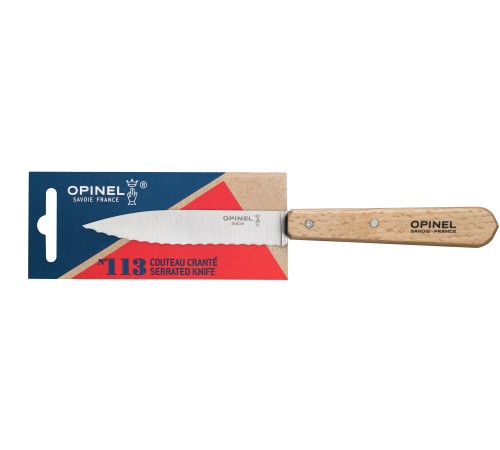 Нож столовый серрейторный Opinel №113, деревянная рукоять, нержавеющая сталь, блистер, 001918