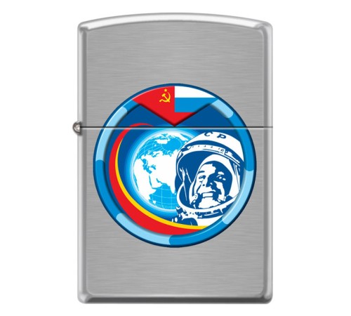 Зажигалка ZIPPO Гагарин с покрытием Brushed Chrome, латунь/сталь, серебристая, матовая, 38x13x57 мм