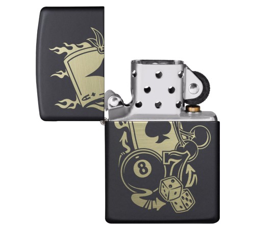 Зажигалка ZIPPO Gambling Design с покрытием Black Matte, латунь/сталь, чёрная, матовая, 38x13x57 мм