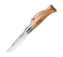 Нож Opinel №8, нержавеющая сталь, рукоять из бука, с кожаным темляком, 001321