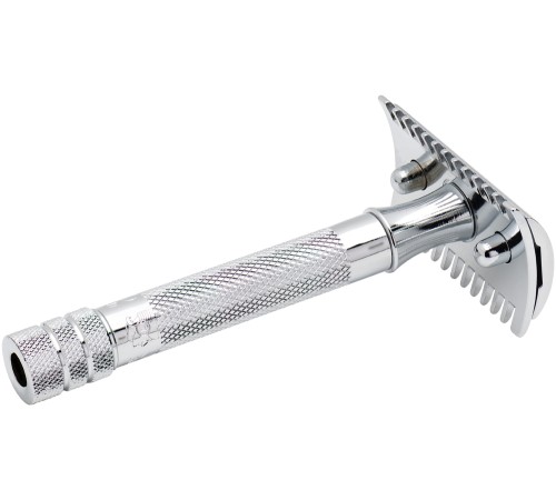 Cтанок Т-образный для бритья MERKUR 15C, глянцевое хромированное покрытие, открытый зубчатый гребень, короткая ручка, лезвие в комплекте (1 шт)