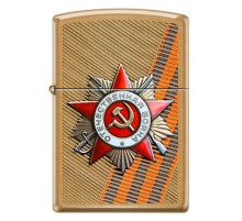 Зажигалка ZIPPO День победы с покрытием Brushed Brass, медь/сталь, золотистая, матовая, 38x13x57 мм