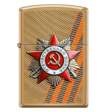 Зажигалка ZIPPO День победы с покрытием Brushed Brass, медь/сталь, золотистая, матовая, 38x13x57 мм