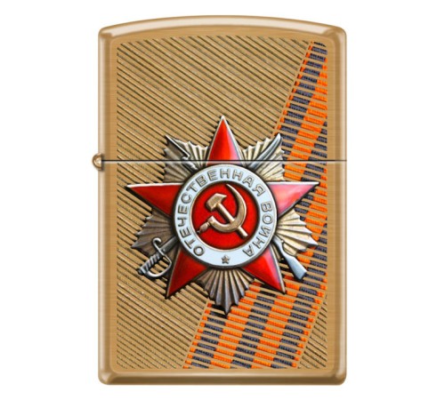 Зажигалка ZIPPO День победы с покрытием Brushed Brass, медь/сталь, золотистая, матовая, 38x13x57 мм