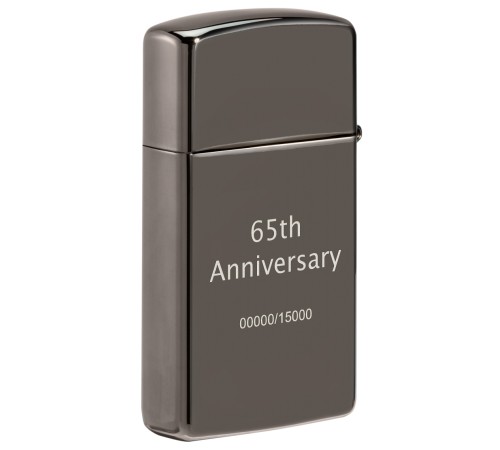 Зажигалка 65th Anniversary Zippo Slim® с покрытием Black Ice®, латунь/сталь, чёрная, 29x10x60 мм
