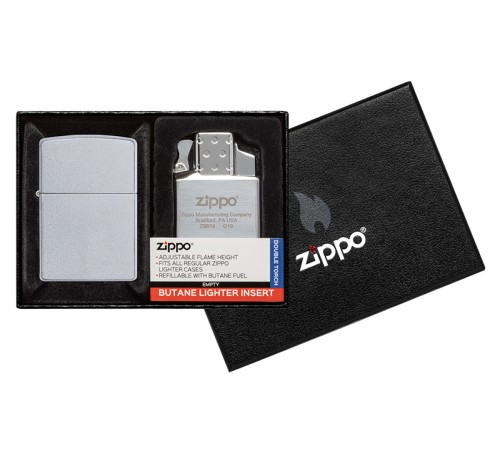 Набор ZIPPO: зажигалка 205 с покрытием Satin Chrome™ и газовый вставной блок с двойным пламенем
