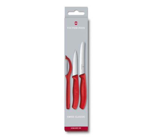 Набор из 3 ножей для овощей VICTORINOX: нож 8 см, нож 11 см, овощечистка, красная рукоять