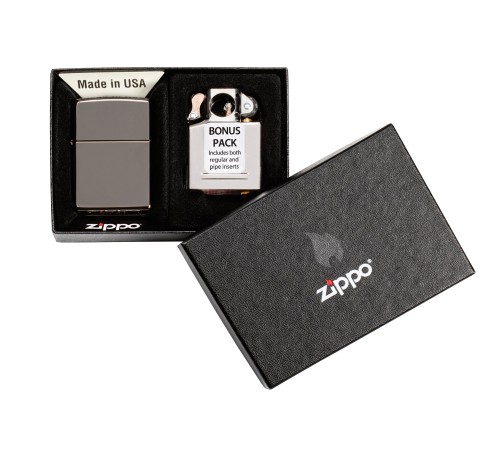 Подарочный набор ZIPPO: зажигалка Black Ice® и вставной блок для зажигалок для трубок, латунь/сталь