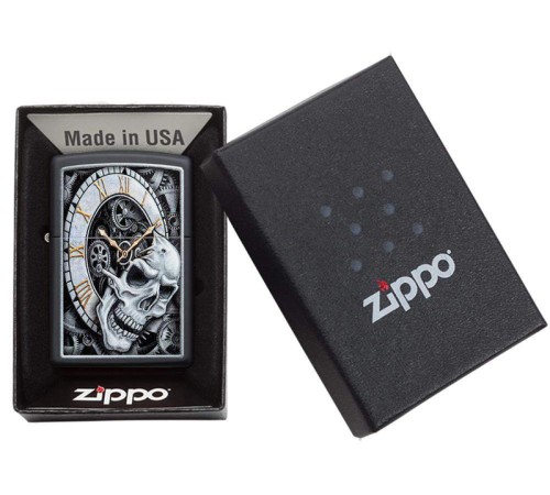 Зажигалка ZIPPO Skull Clock с покрытием Black Matte, латунь/сталь, чёрная, матовая, 38x13x57 мм