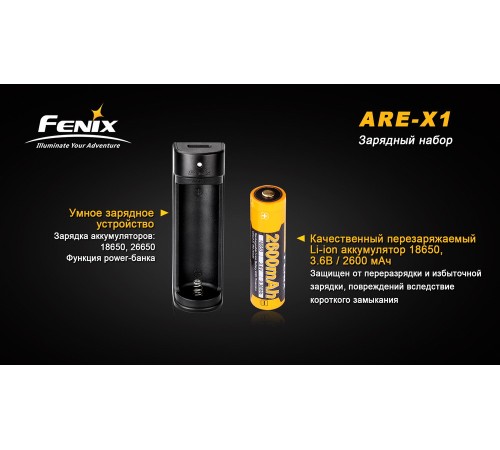 Набор для зарядки Fenix (аккумулятор 1*18650, зарядка, USB кабель), ARE-X12016