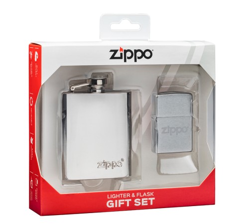 Подарочный набор ZIPPO: фляжка 89 мл и зажигалка, латунь/сталь, серебристый, в коробке с подвесом