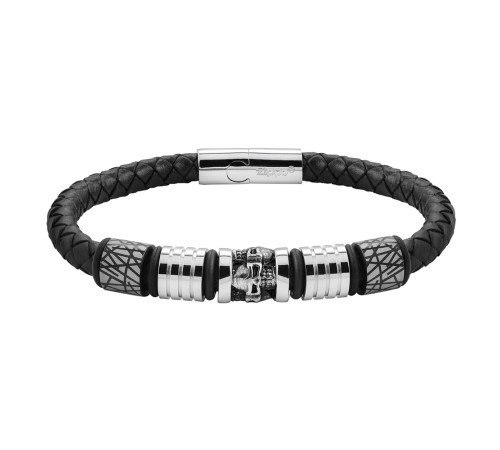 Браслет ZIPPO Five Charms Leather Bracelet, с шармами, чёрный, кожа/нержавеющая сталь, 20 см
