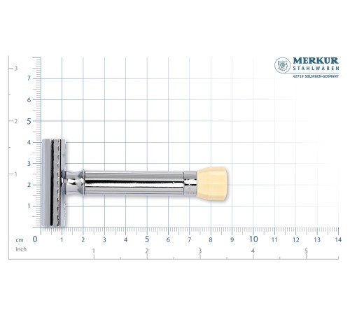 Станок Т-образный для бритья MERKUR 570, глянцевое хромированное покрытие, прямой срез, закрытый гребень, короткая ручка, лезвия в комплекте (10 шт)
