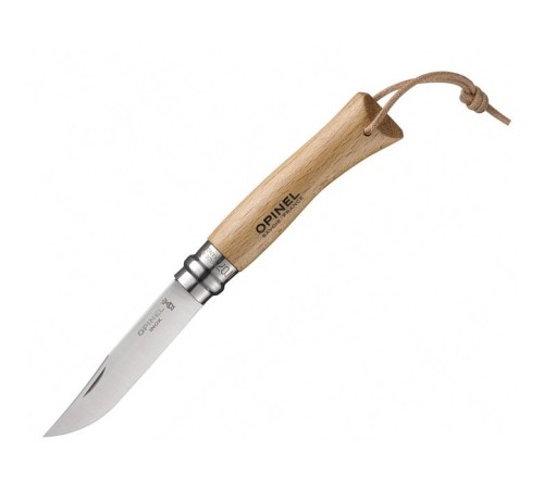 Нож Opinel №7, нержавеющая сталь, рукоять из бука, с кожаным темляком, 001372