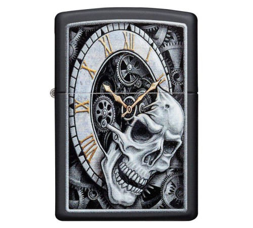 Зажигалка ZIPPO Skull Clock с покрытием Black Matte, латунь/сталь, чёрная, матовая, 38x13x57 мм