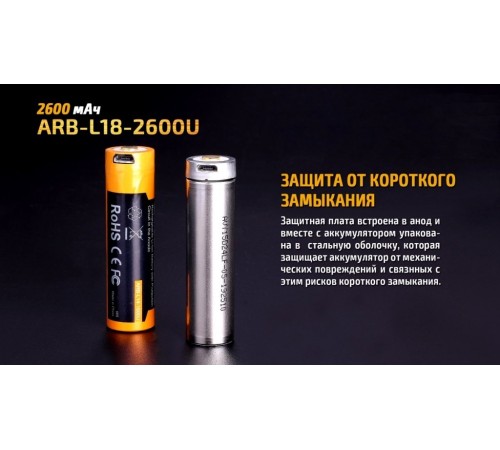 Аккумулятор 18650 Fenix 2600U mAh с разъемом для USB, ARB-L18-2600U