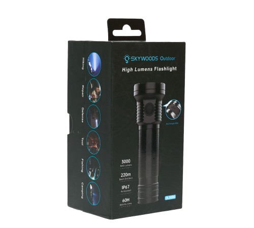 Ручной фонарь SKYWOODS MYSTIC, 3000 люмен, USB-Type C, холодный свет, IP67