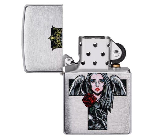 Зажигалка ZIPPO Cross, Queen & Skull с покрытием Brushed Chrome, серебристая, 38x13x57 мм