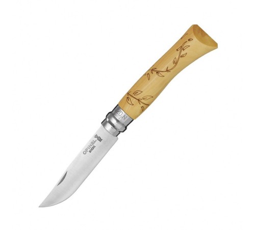 Нож Opinel №7 Nature, нержавеющая сталь, рукоять самшит, гравировка листья