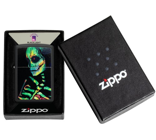 Зажигалка ZIPPO Skeleton Design с покрытием Black Light, латунь/сталь, черная, матовая, 38x13x57 мм