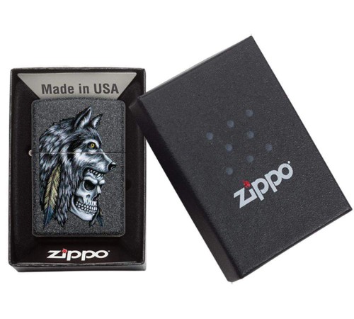 Зажигалка ZIPPO Wolf Skull с покрытием Iron Stone™, латунь/сталь, серая, матовая, 38x13x57 мм