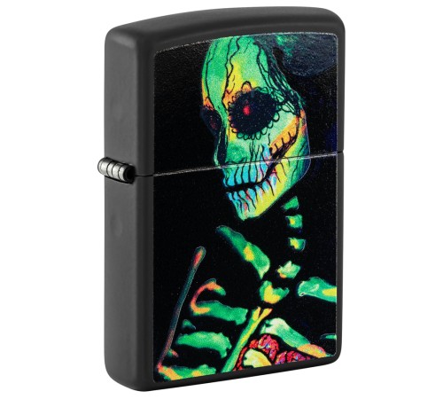 Зажигалка ZIPPO Skeleton Design с покрытием Black Light, латунь/сталь, черная, матовая, 38x13x57 мм