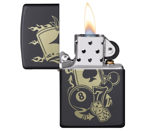 Зажигалка ZIPPO Gambling Design с покрытием Black Matte, латунь/сталь, чёрная, матовая, 38x13x57 мм