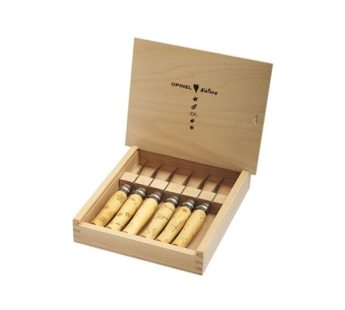 Набор в деревянной коробке из 6 ножей Opinel №7 Nature, нержавеющая сталь, рукоять самшит, гравировк, 001555