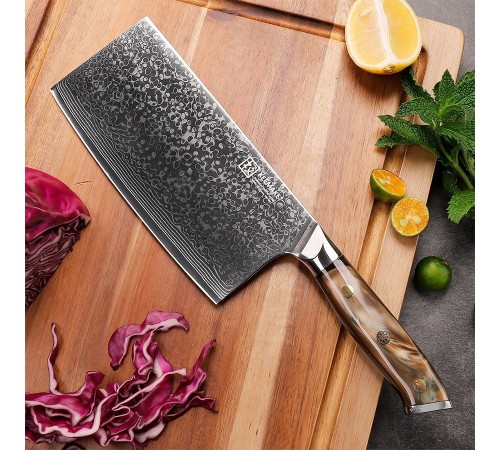 Нож из дамасской стали для мяса Keemake 7 Inch Cleaver Knife Green Gem, бежевый